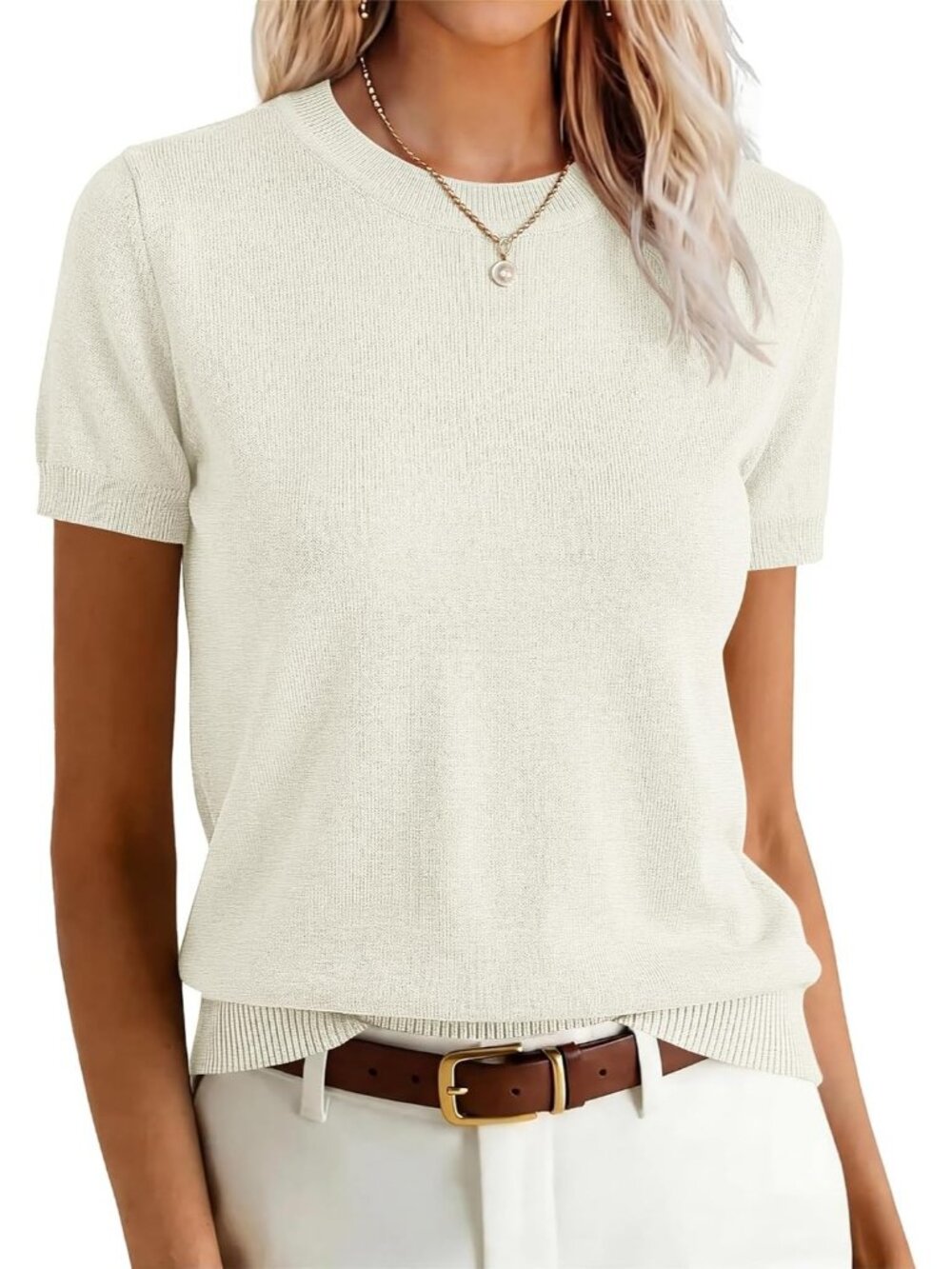 Women's Off White Wool Blend Crew Neck Short Sleeve Casual Pull On Sweater